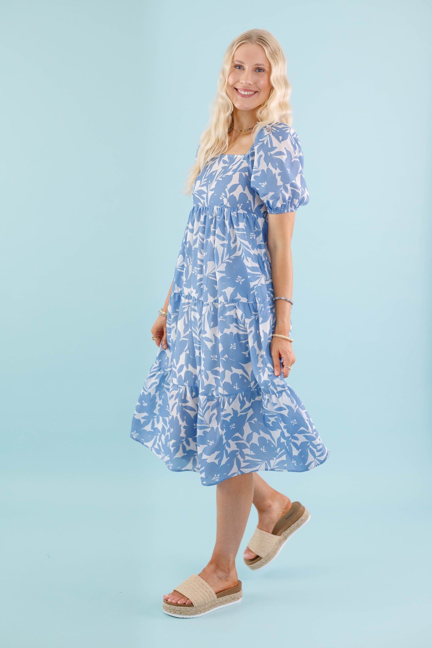 Blue Floral Print Midi Dress- Women's Vacation Dresses