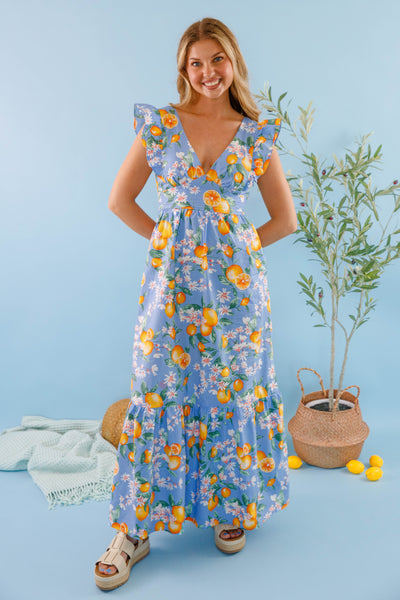 Women's Lemon Print Maxi Dress- Blue and Lemon Dress- Skies Are Blue Maxi