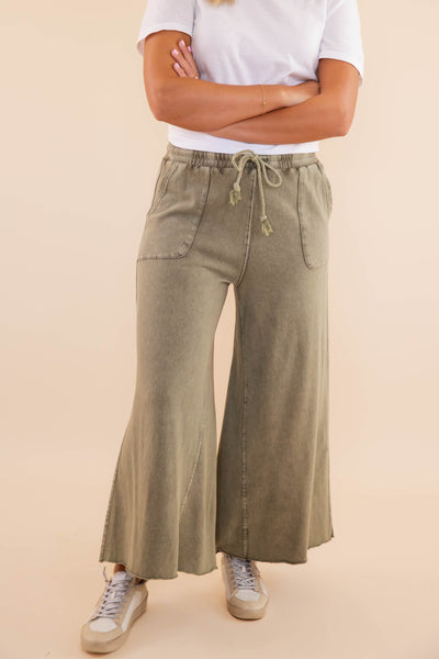 Olive Green Mineral Wash Travel Pants- Comfy Olive Cropped Pants- Easel Cropped Pants