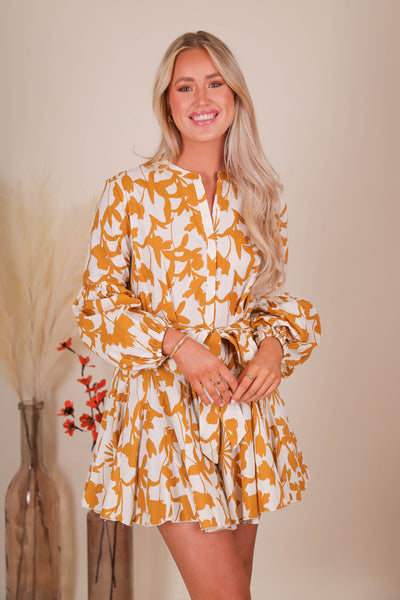 Women's Long Sleeve Dresses- Yellow Floral Dress- Aakaa Dresses