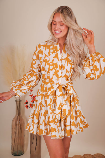 Women's Long Sleeve Dresses- Yellow Floral Dress- Aakaa Dresses