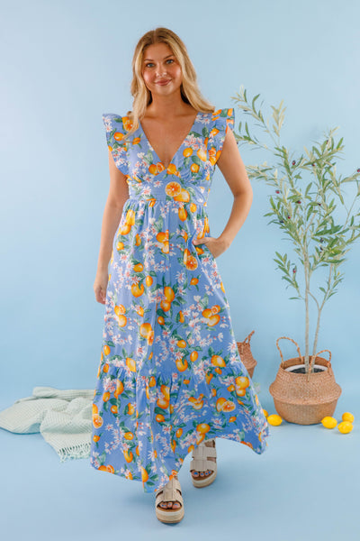 Women's Lemon Print Maxi Dress- Blue and Lemon Dress- Skies Are Blue Maxi