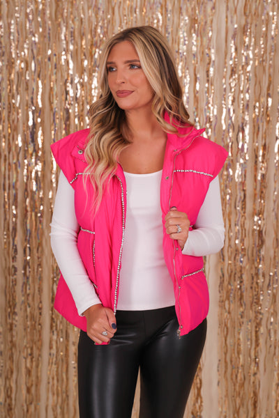 Women's Pink Puffer Vest- Pink Puffer Vest with Rhinestone Trim- Pink Rhinestone Puffer Vest by TCEC