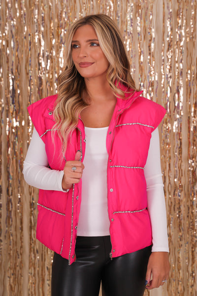 Women's Pink Puffer Vest- Pink Puffer Vest with Rhinestone Trim- Pink Rhinestone Puffer Vest by TCEC