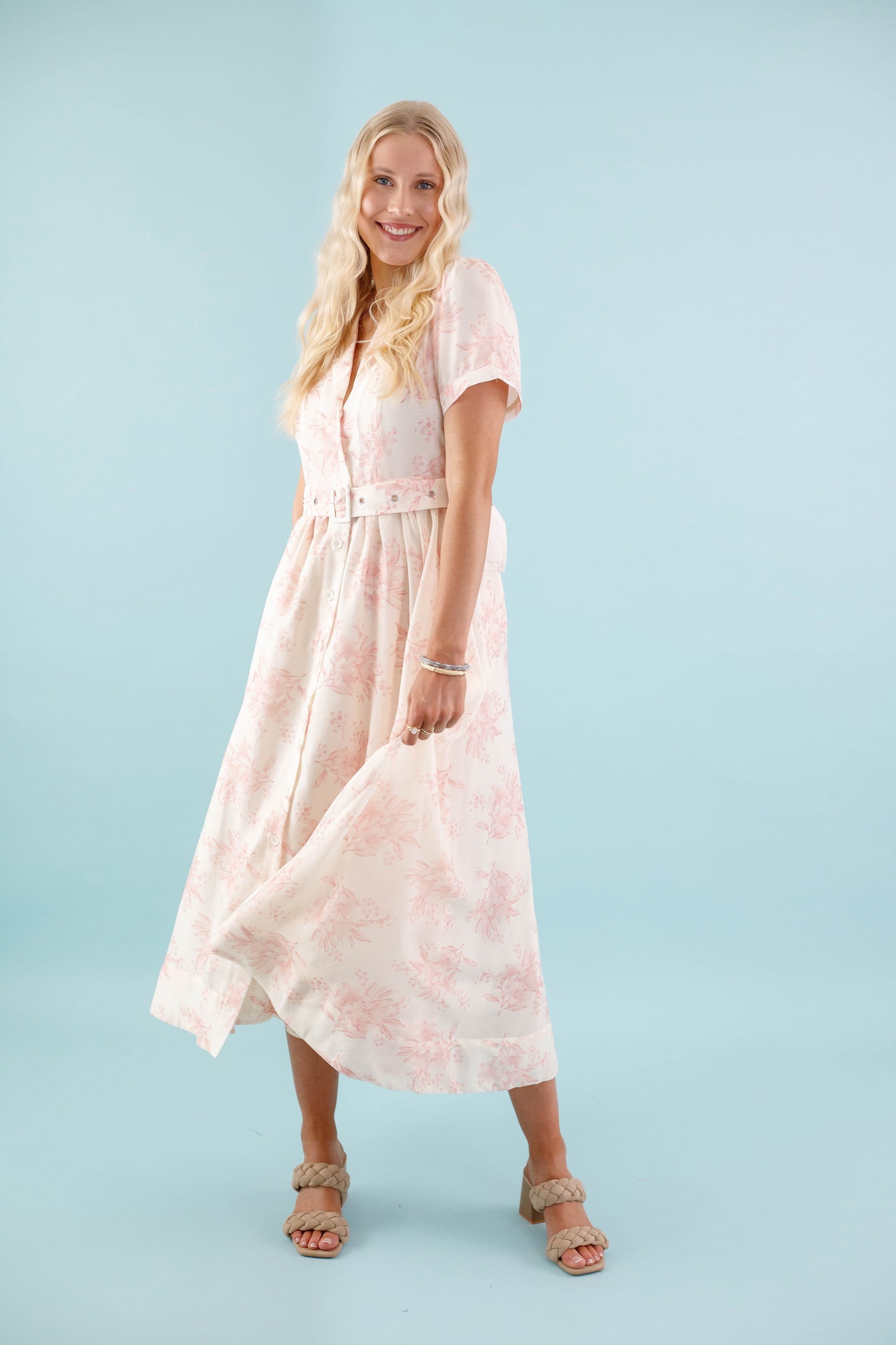 Women's Belted Shirt Dress- Vintage Inspired Dresses- Blush Print Midi