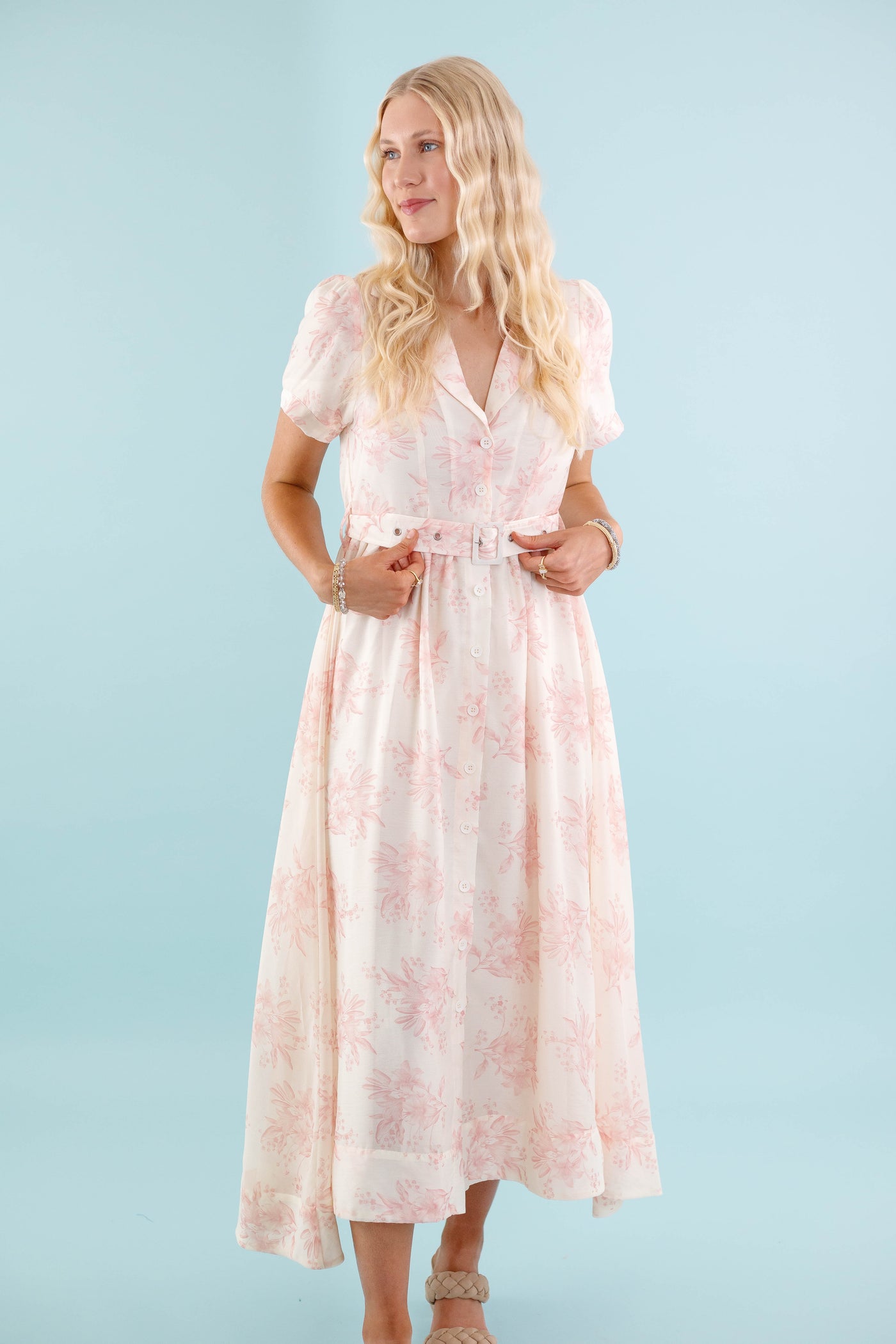 Women's Belted Shirt Dress- Vintage Inspired Dresses- Blush Print Midi