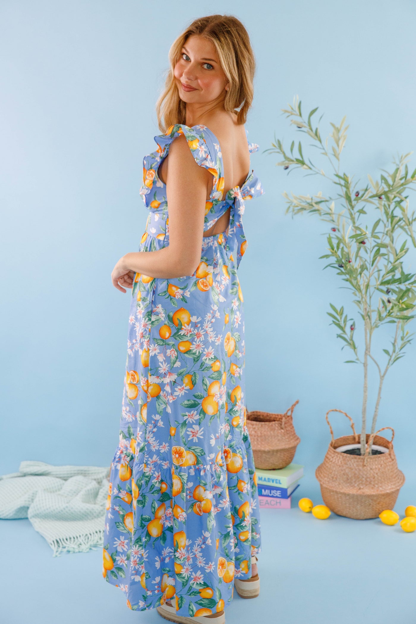 Women's Lemon Print Maxi Dress- Blue and Lemon Dress- Skies Are Blue Maxi