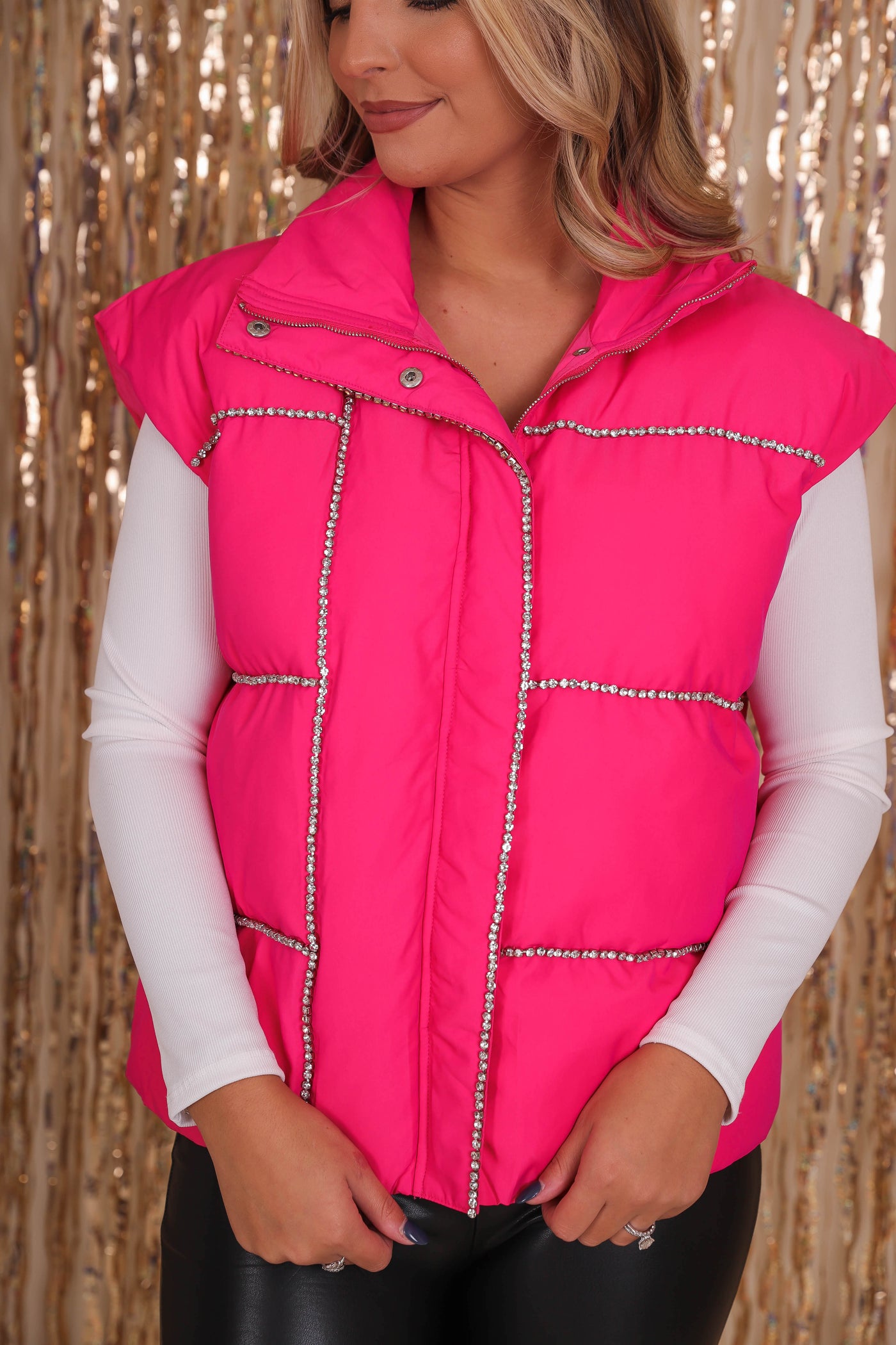 Women's Pink Puffer Vest- Pink Puffer Vest with Rhinestone Trim- Pink Rhinestone Puffer Vest by TCEC