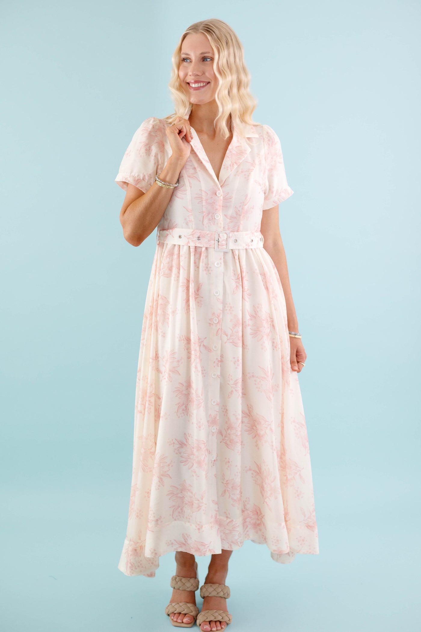 Women's Belted Shirt Dress- Vintage Inspired Dresses- Blush Print Midi