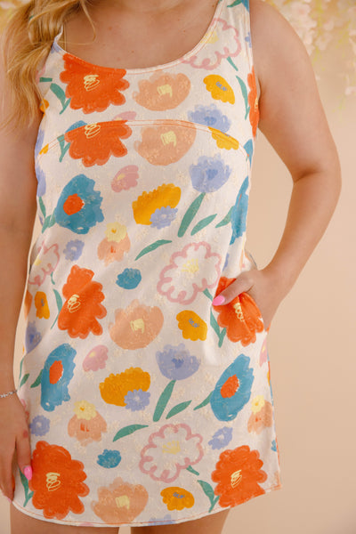 Cotton Twill Fabric Mini Dress- Women's Colorful Floral Print Dress- Aureum Dresses
