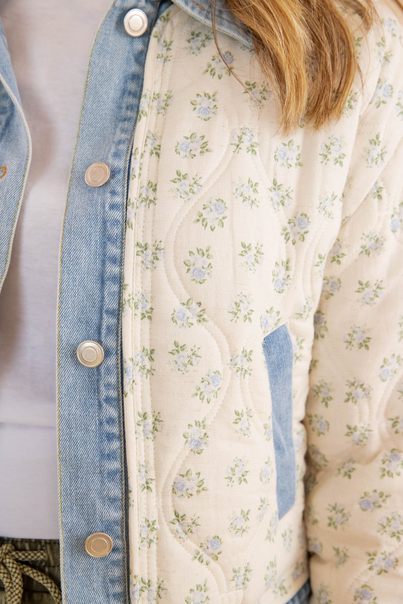 Women's Vintage Floral Denim Jacket- Floral Quilted Jacket- Main Strip Quilted Jacket with Denim Trim