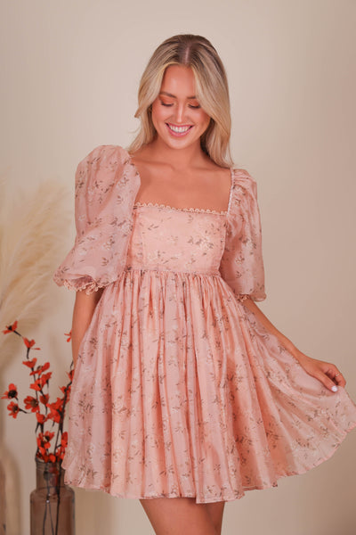 Women's Pink Babydoll Dress- Floral Pink Babydoll Dress- Storia Mini Dress