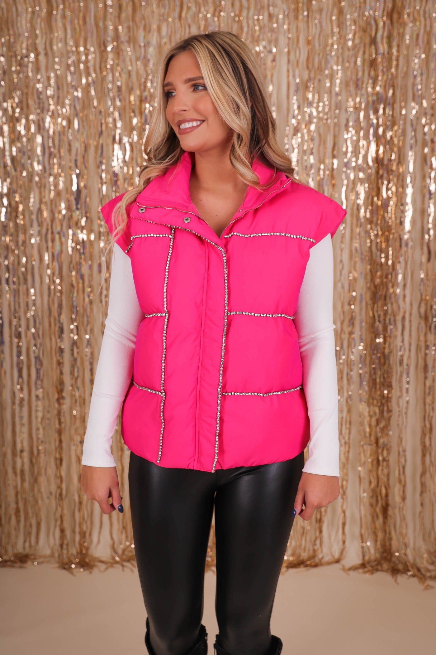 Women's Pink Puffer Vest- Pink Puffer Vest with Rhinestone Trim- Pink Rhinestone Puffer Vest by TCEC