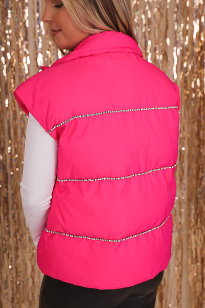 Women's Pink Puffer Vest- Pink Puffer Vest with Rhinestone Trim- Pink Rhinestone Puffer Vest by TCEC