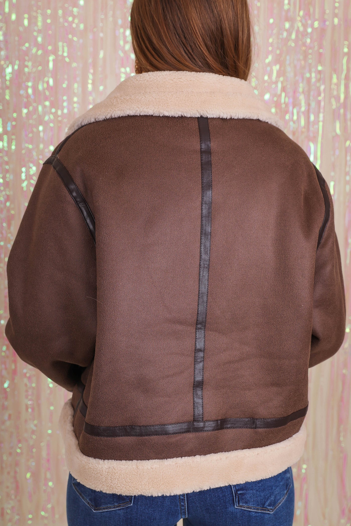 Sherpa Lined Faux Leather Jacket- Women's Brown Faux Leather Jacket- Women's Chic Winter Coat