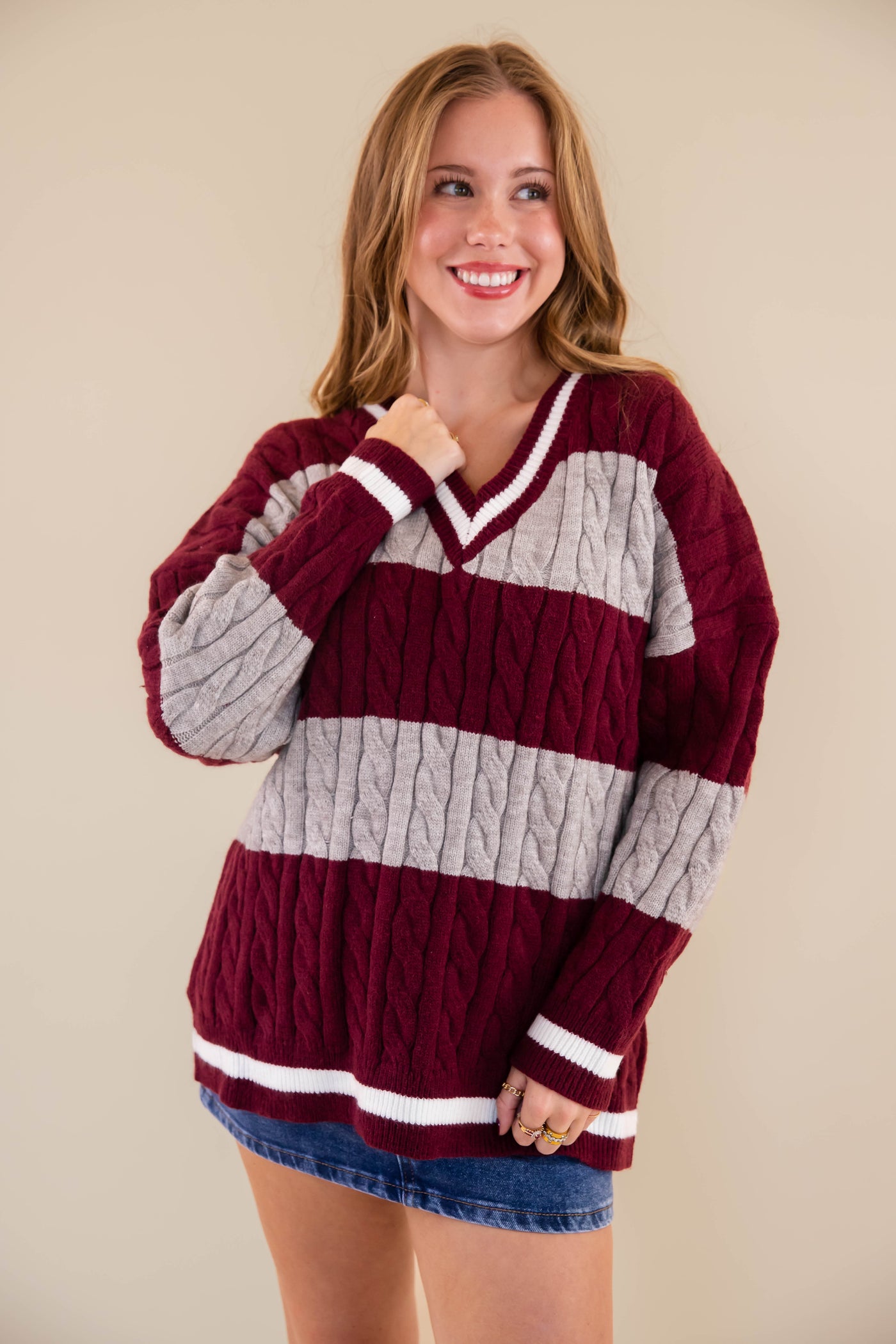 Striped Cable Knit Sweater- Oversized Varsity Inspired Sweater- She + Sky Striped Sweater