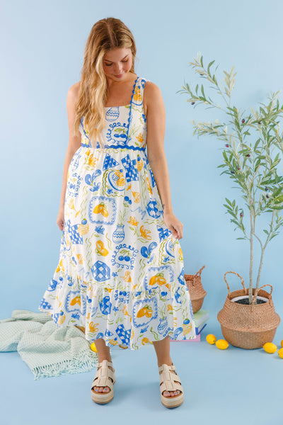 Lemon Print Midi Dress- Blue and White Printed Dress- Women's Lemon Dress