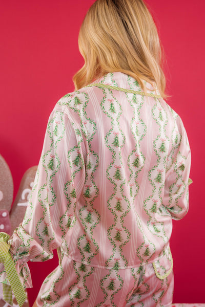Satin Christmas Pajama Top- Pink and Green Christmas Tree Pajama Top- Peach Love Cream Christmas Pajama Top