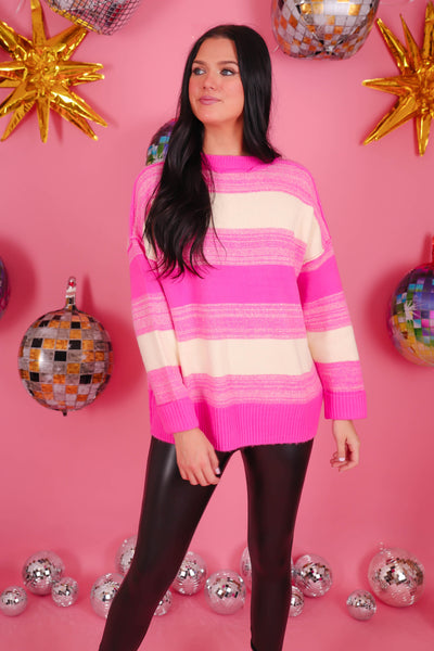 Women's Pink Stripe Sweater- Women's Oversize Cozy Sweater- She + Sky Sweaters