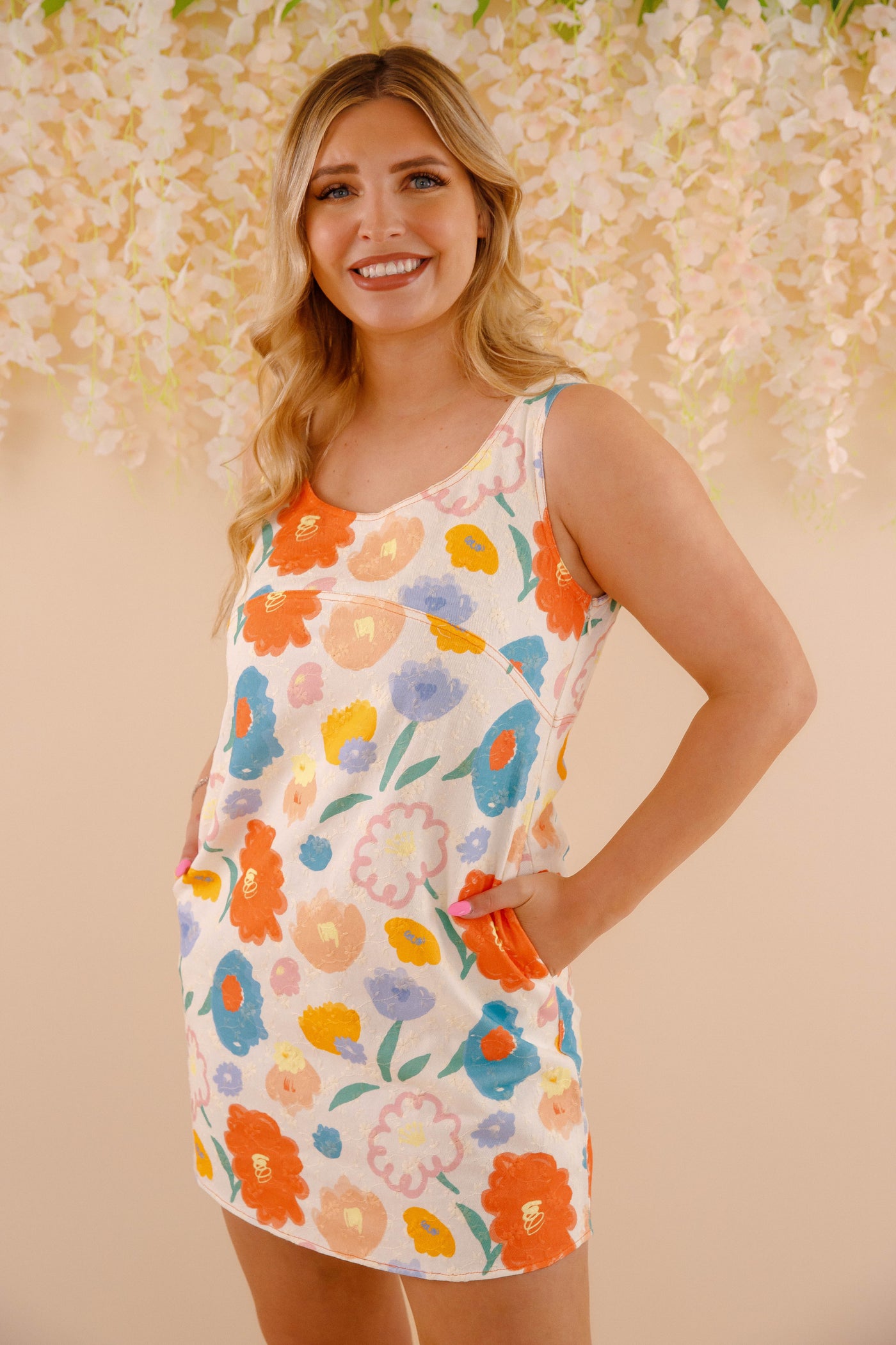 Cotton Twill Fabric Mini Dress- Women's Colorful Floral Print Dress- Aureum Dresses
