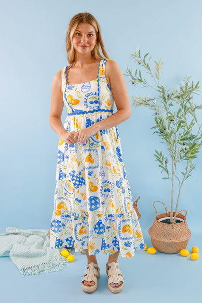 Lemon Print Midi Dress- Blue and White Printed Dress- Women's Lemon Dress