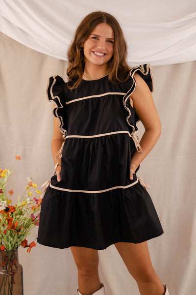 Women's Black Tiered Dress- Black Ribbon Dress- Women's Black Ruffle Dress