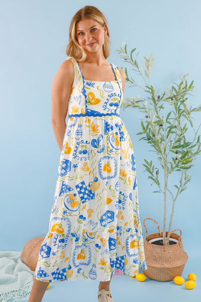 Lemon Print Midi Dress- Blue and White Printed Dress- Women's Lemon Dress