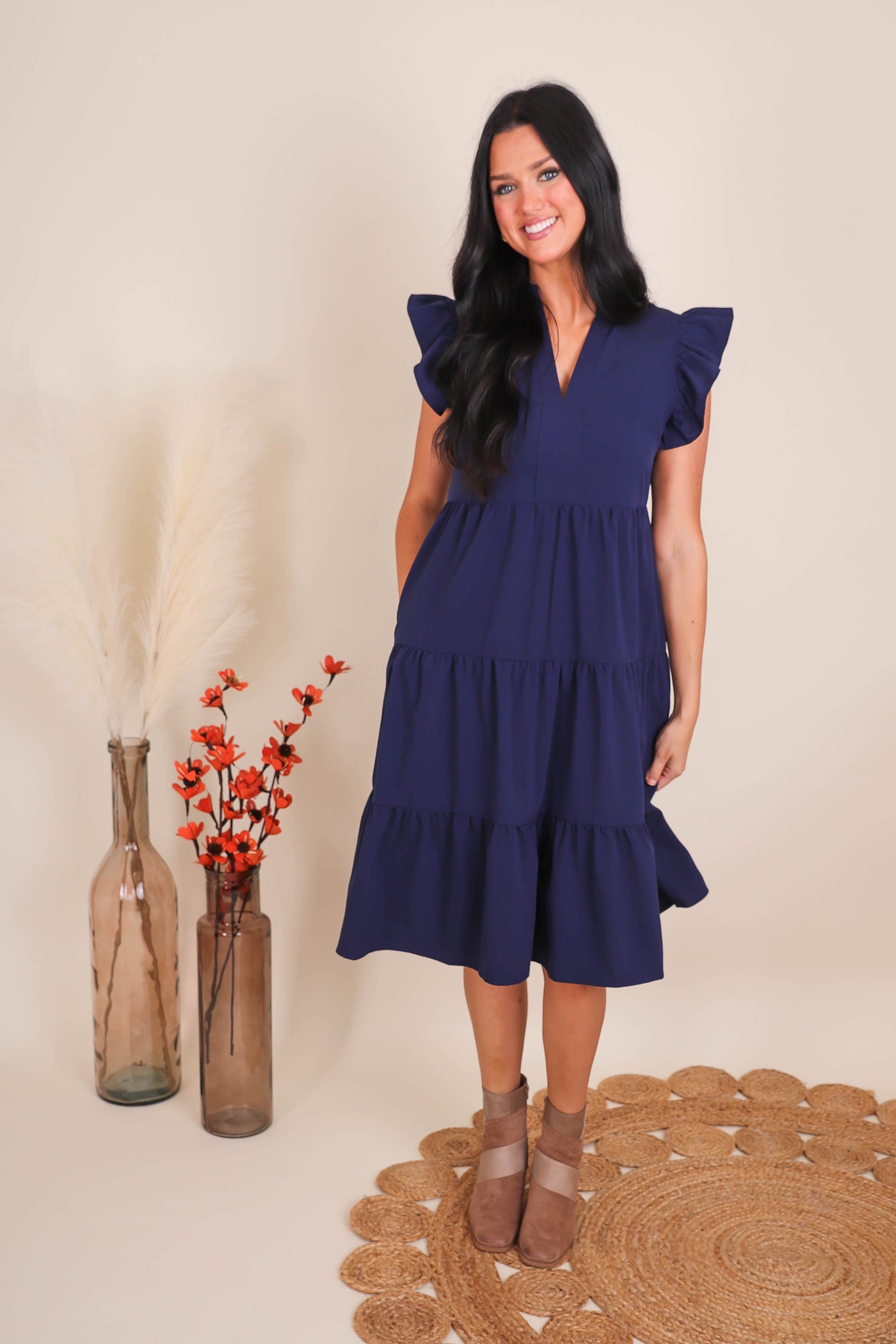 Women's Navy Midi Dress- Tiered Ruffle Midi Dress- Entro Ruffle Midi Dress