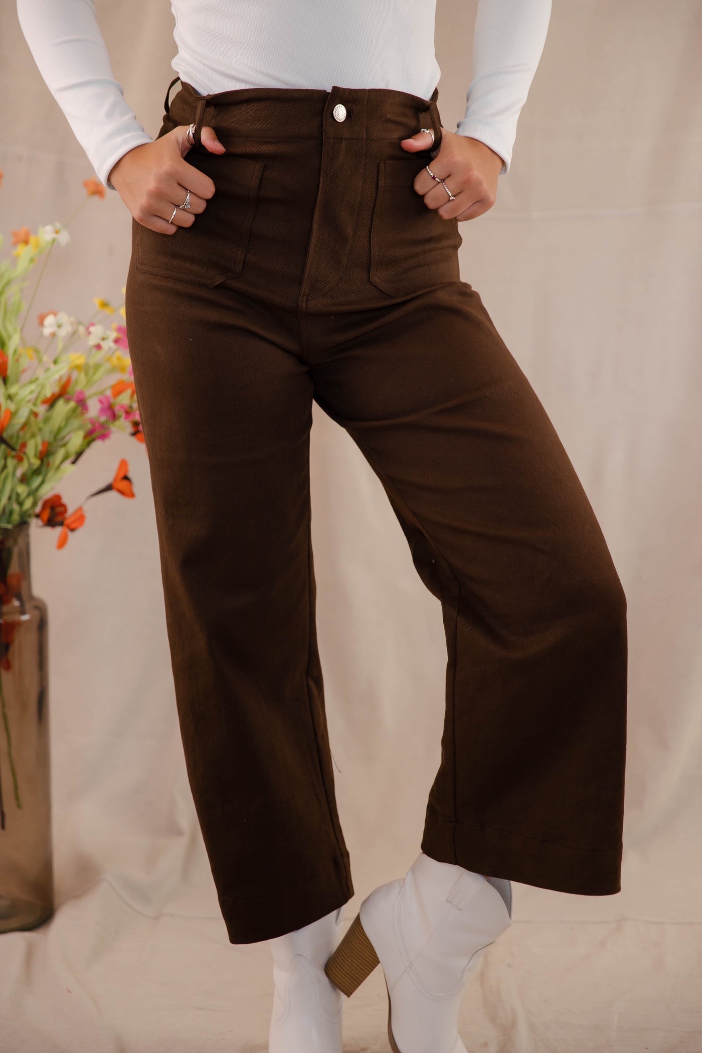 Wide Leg Brown Denim- Women's Front Pocket Jeans- Trendy Style Jeans