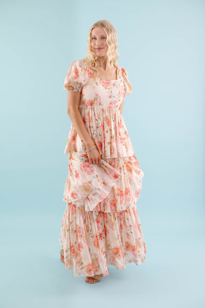 Coral Floral Maxi Dress- Elegant Tiered Maxi Dress - Maxi Dress by AAKKA