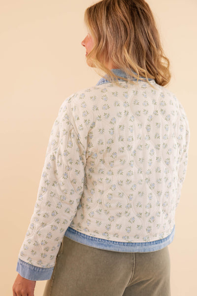 Women's Vintage Floral Denim Jacket- Floral Quilted Jacket- Main Strip Quilted Jacket with Denim Trim