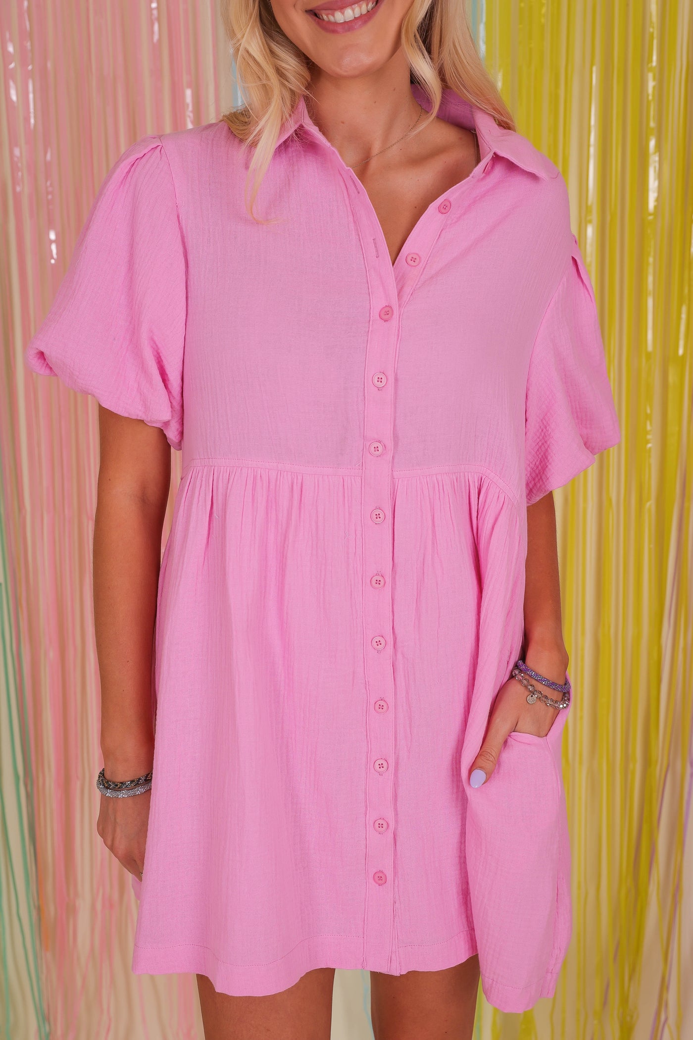Pink Button Down Dress- Pink Cotton Dress- Women's Puff Sleeve Dress