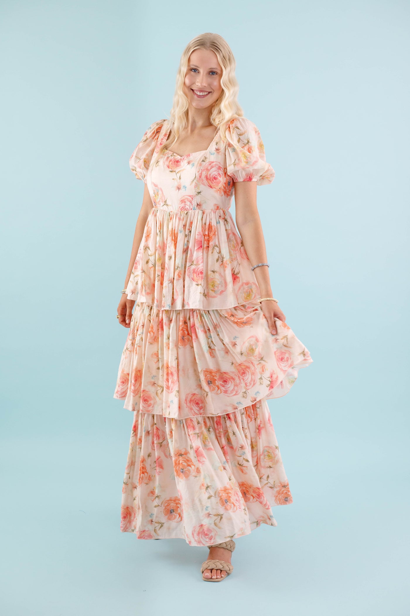 Coral Floral Maxi Dress- Elegant Tiered Maxi Dress - Maxi Dress by AAKKA