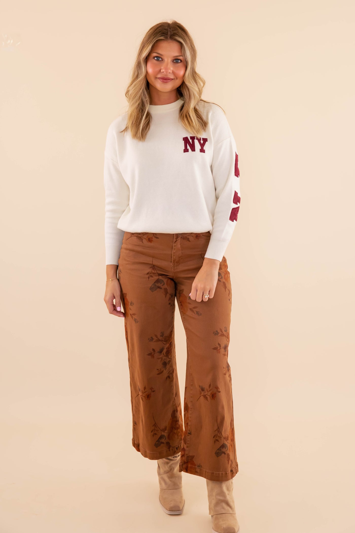 Women's Brown Floral Denim Pants- Women's Comfortable Straight Leg Denim- Easel Floral Denim Pants