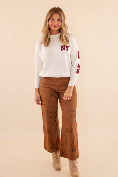 Women's Brown Floral Denim Pants- Women's Comfortable Straight Leg Denim- Easel Floral Denim Pants