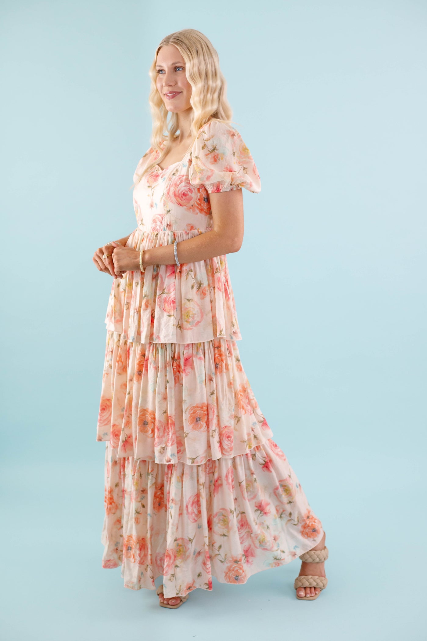 Coral Floral Maxi Dress- Elegant Tiered Maxi Dress - Maxi Dress by AAKKA