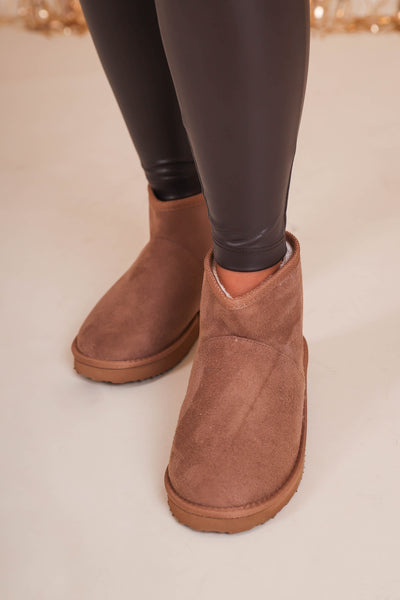 Women's Suede Boots with Fur Interior- Brown Mid Rise Slip On Boots- Outwoods Gallery 2 Boots