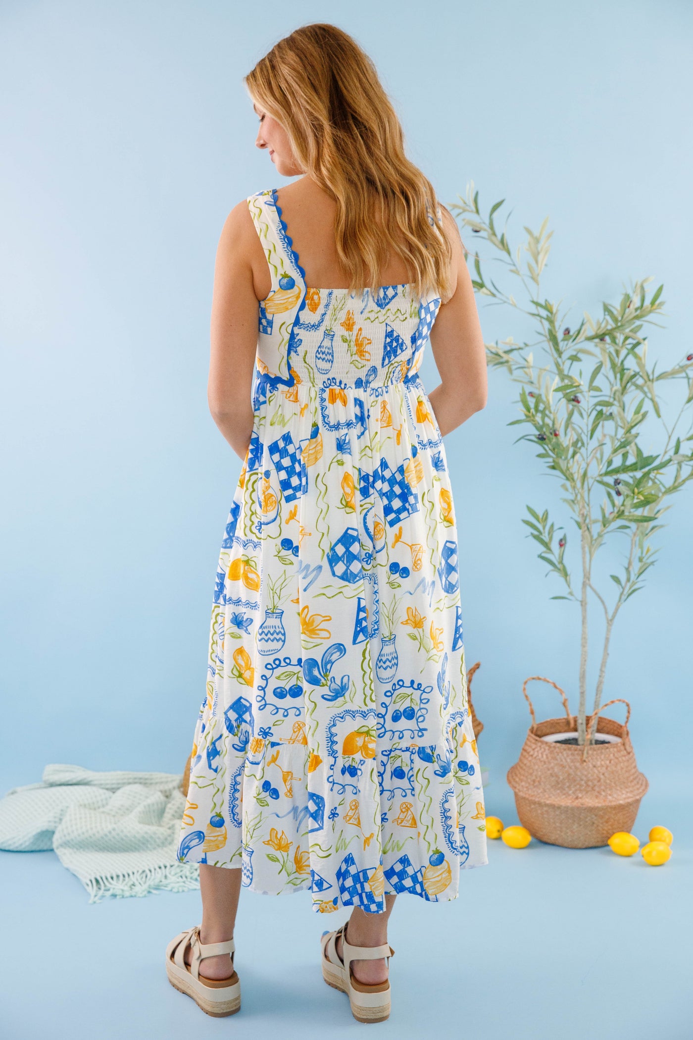 Lemon Print Midi Dress- Blue and White Printed Dress- Women's Lemon Dress