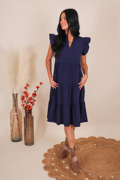 Women's Navy Midi Dress- Tiered Ruffle Midi Dress- Entro Ruffle Midi Dress