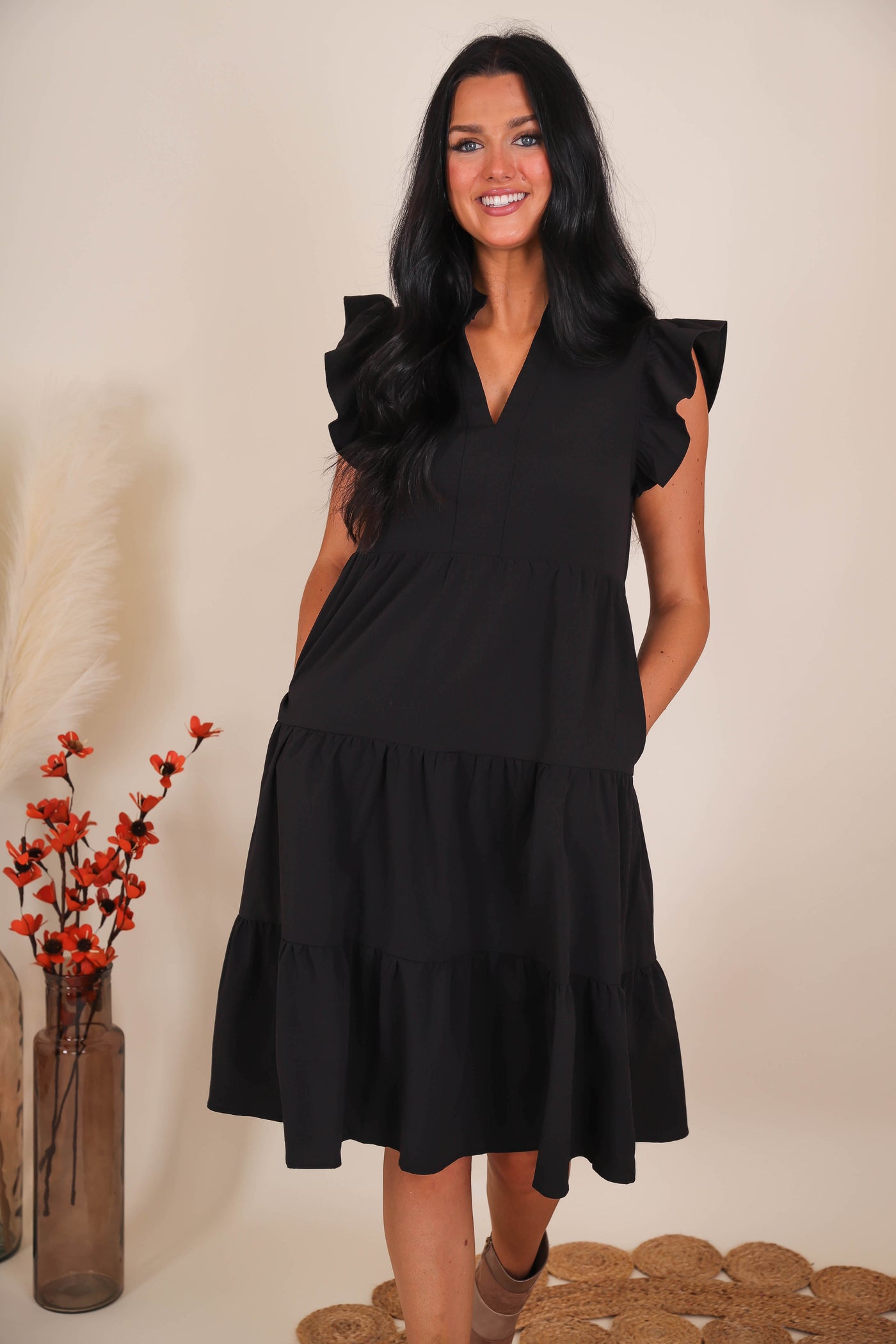 Women's Black Midi Dress- Tiered Ruffle Midi Dress- Entro Ruffle Midi Dress