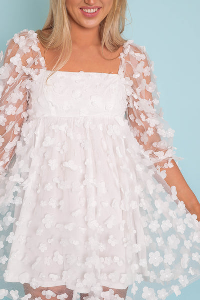 White Flower Glitter Dress- Women's Babydoll White Dress- 3D Flower Dress