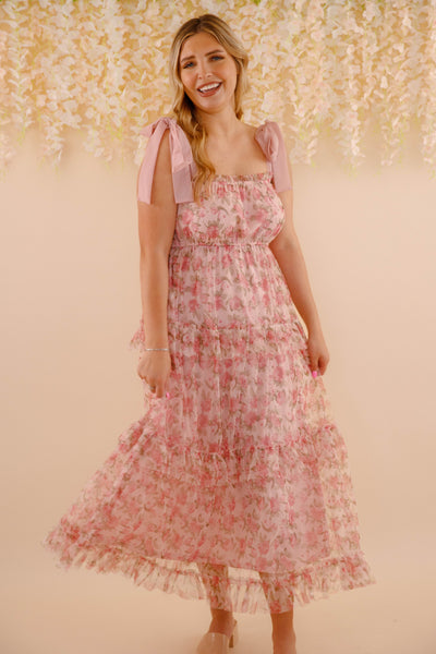 Floral Print Tulle Midi Dress- Women's Pink Tulle Dress- BluPepper Midi Dress