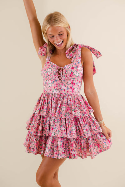 Corset Tiered Mini Dress- Women's Pink Floral Mini Dress- Mable Dresses