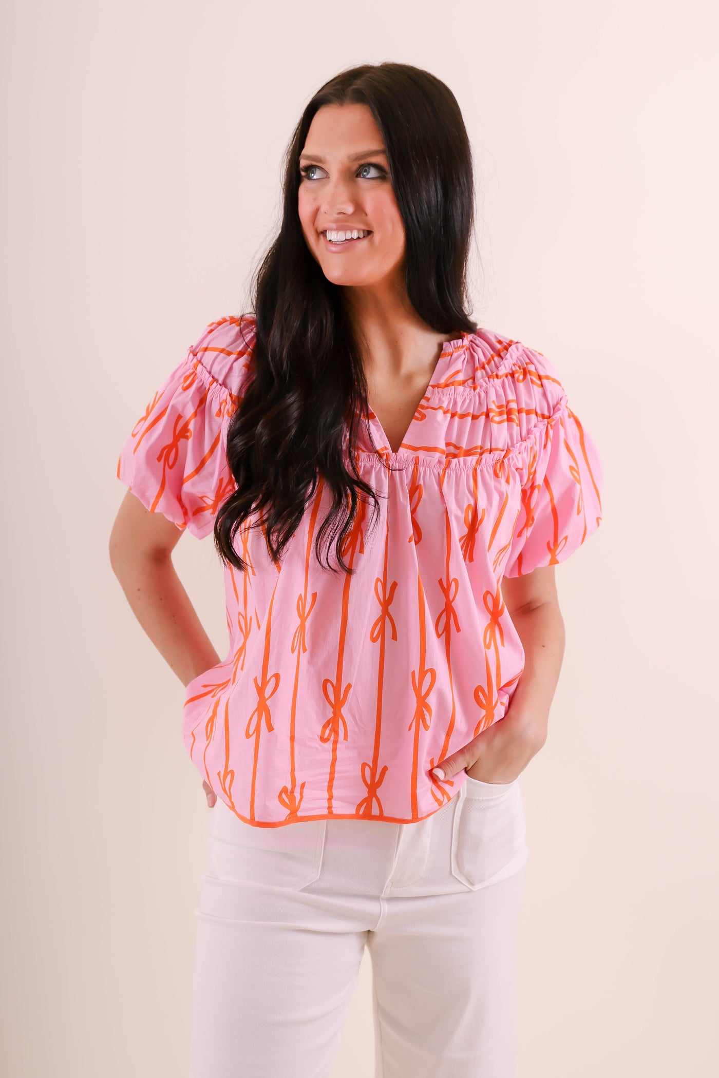 Women's Preppy Bow Blouse- Pink Printed Bow Blouse- Umgee Bow Top