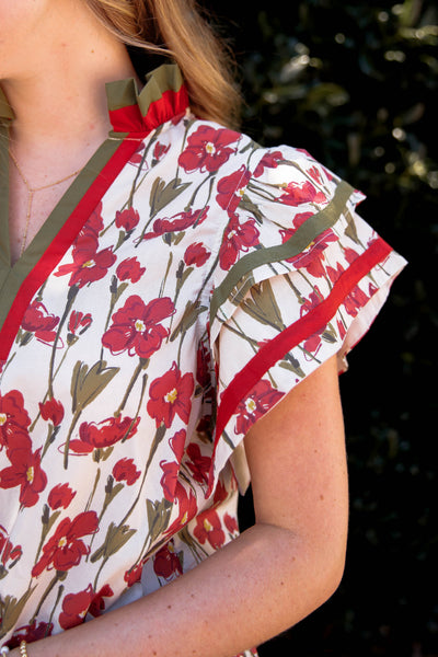Floral Cotton Flutter Sleeve Blouse- Women's Cotton Tops- Entro Tops