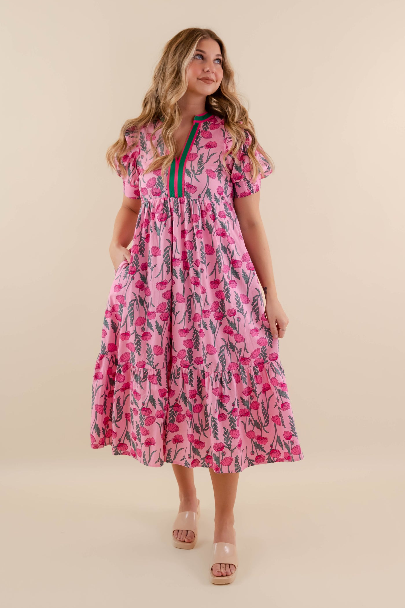 Floral Print Tiered Midi Dress- Women's Pink Spring Dresses- Entro Floral Midi Dress