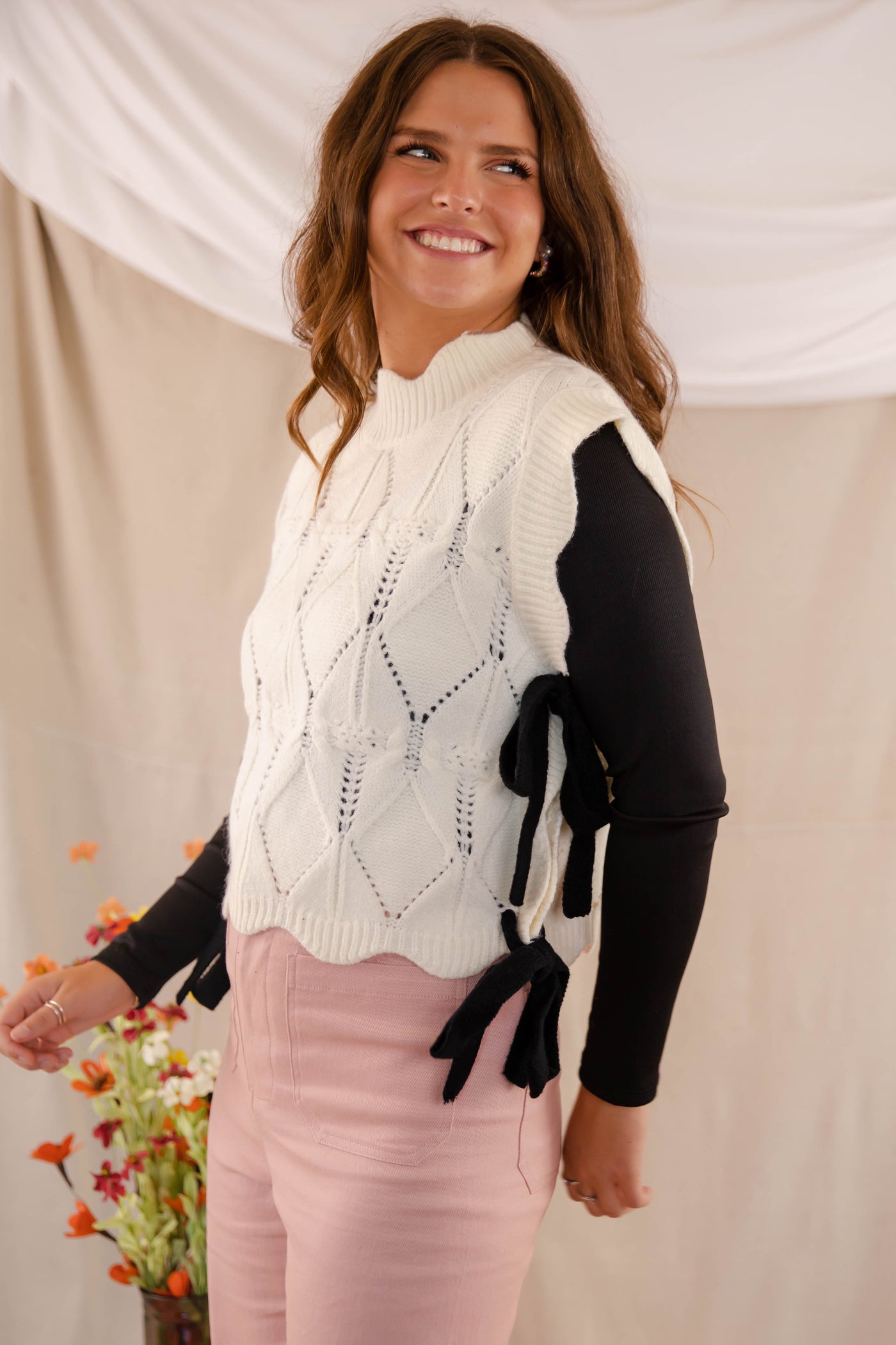 Women's Knit Sweater Vest- Women's Chic Scalloped Sweater With Bows- Mabel Sweaters