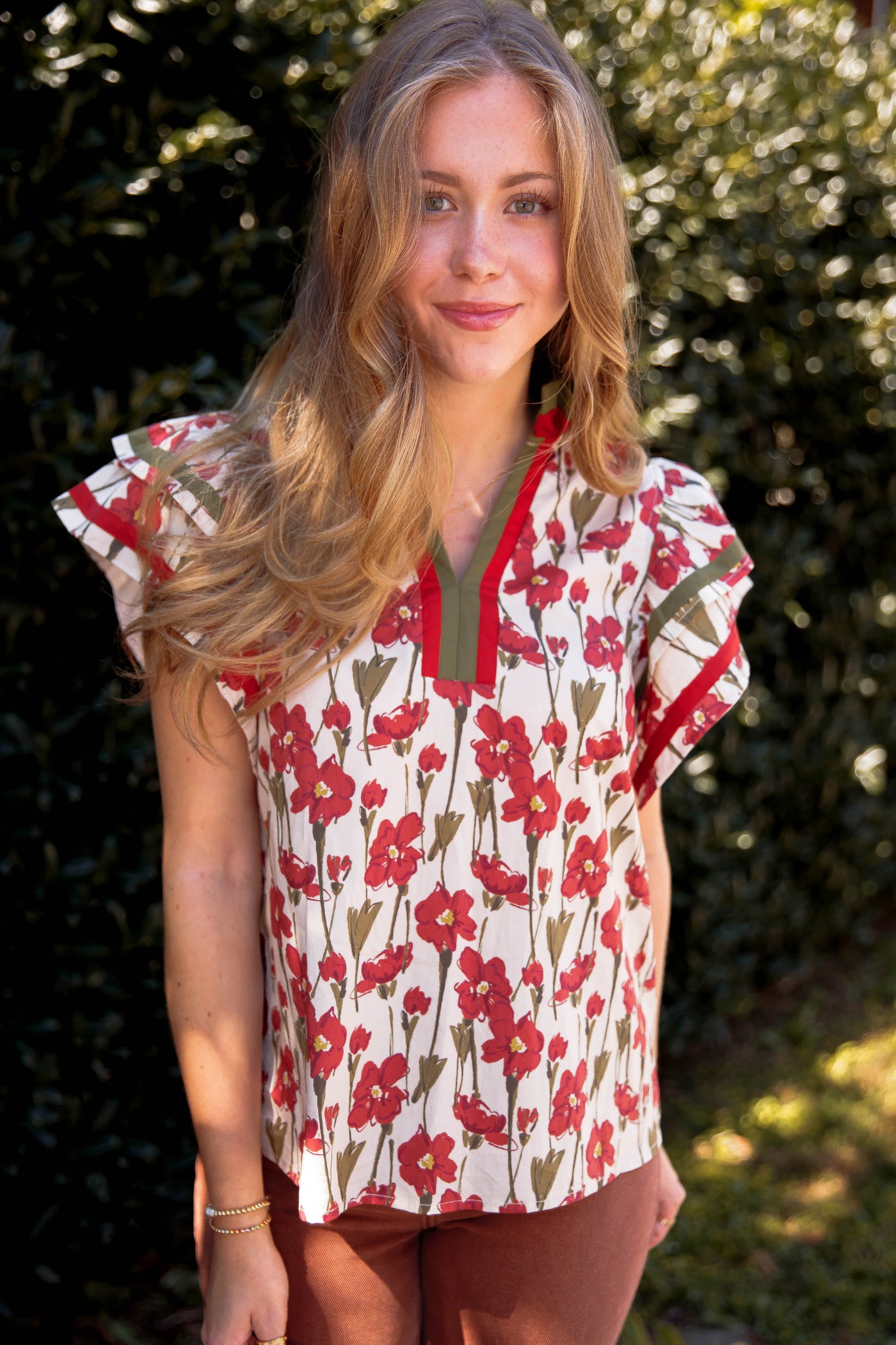 Floral Cotton Flutter Sleeve Blouse- Women's Cotton Tops- Entro Tops
