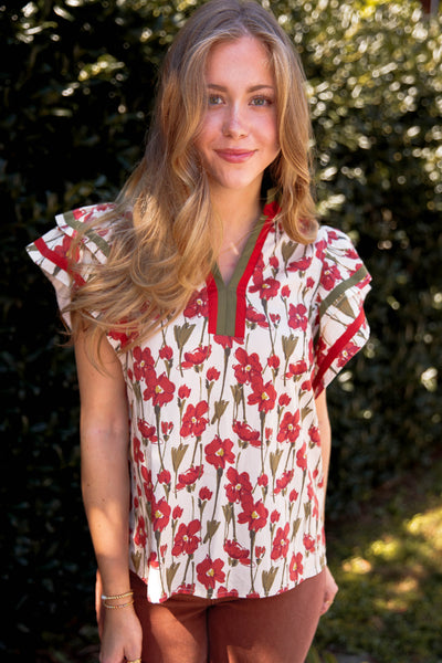Floral Cotton Flutter Sleeve Blouse- Women's Cotton Tops- Entro Tops