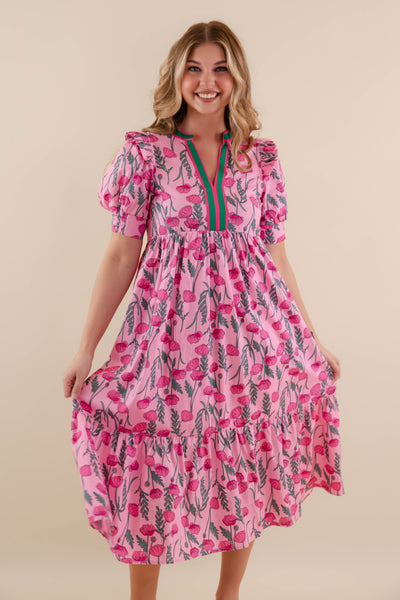 Floral Print Tiered Midi Dress- Women's Pink Spring Dresses- Entro Floral Midi Dress